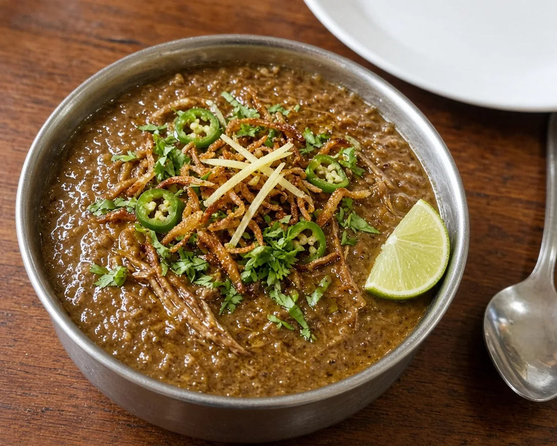 Bowl of haleem topped with crispy fried onions, ginger strips, green chilies, coriander and a lime wedge