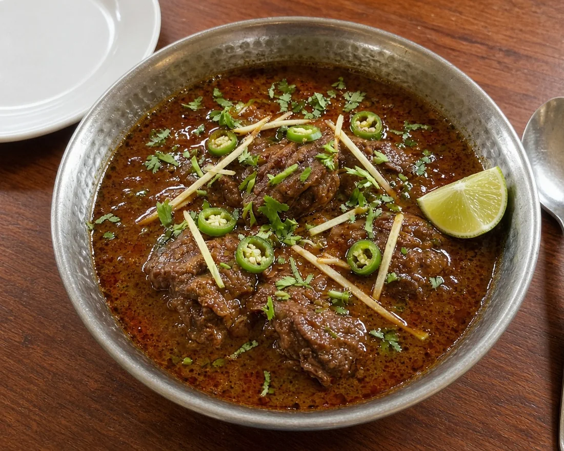 Beef nihari in a hammered steel bowl, topped with ginger strips, green chilies, coriander and a lime wedge